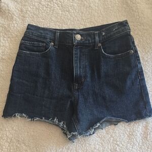 Express Jeans Denim High Waisted Shorts Women's Size 2 Frayed Hem Indigo